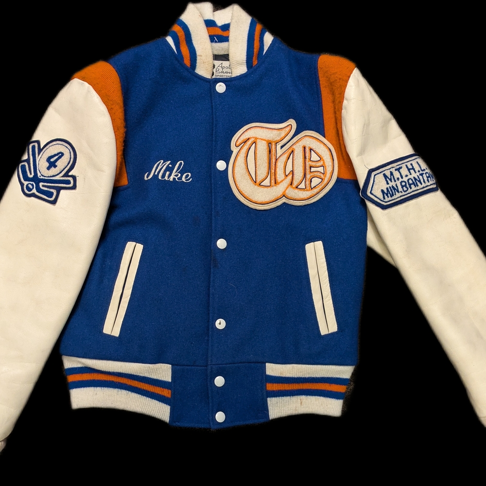 Blue and White Varsity Jacket with Orange Accents